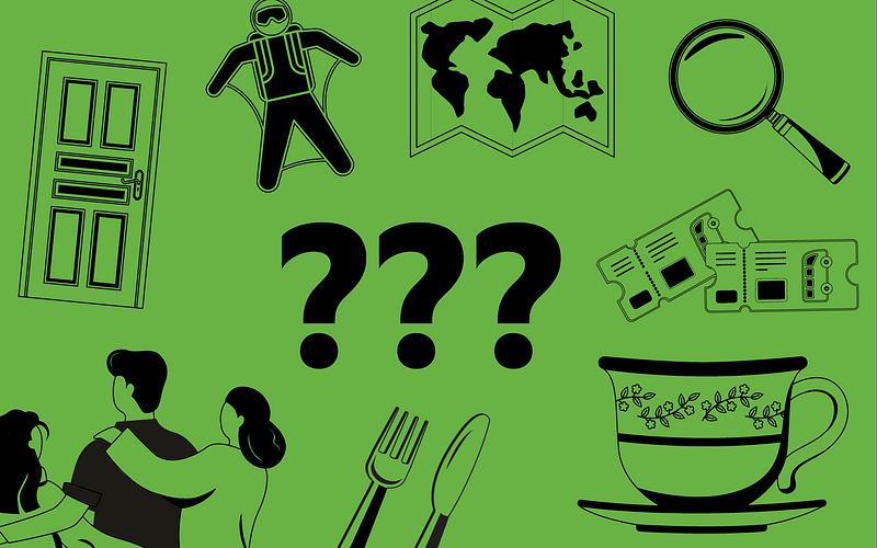 Three question marks against a green background, surrounded by icons - a front door, a sky diver, a folding map, a magnifying glass, a set of bus tickets, a teacup, cutlery set and a group of three people with arms around each other